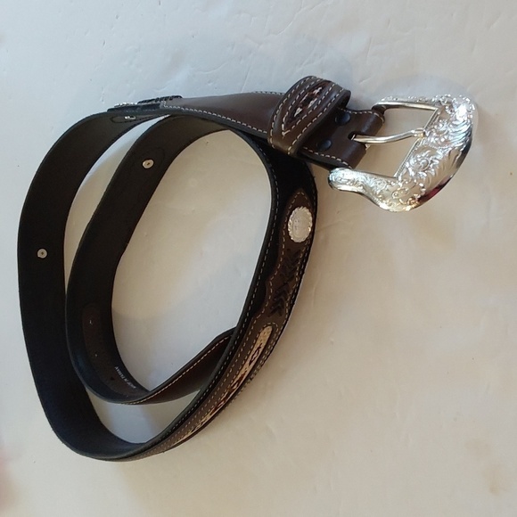 Nocona Mens Black leather belt Silver Buckle/ Conchos Brown inlay Sz.44 - Picture 1 of 9